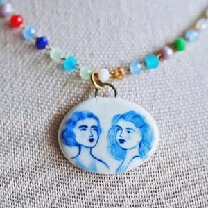 Handmade Ceramic Portrait Necklace: Colorful Beaded Blue Porcelain Jewelry by etsy