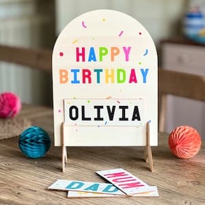 Freestanding Wooden Family Birthday Sign with interchangeable names by etsy