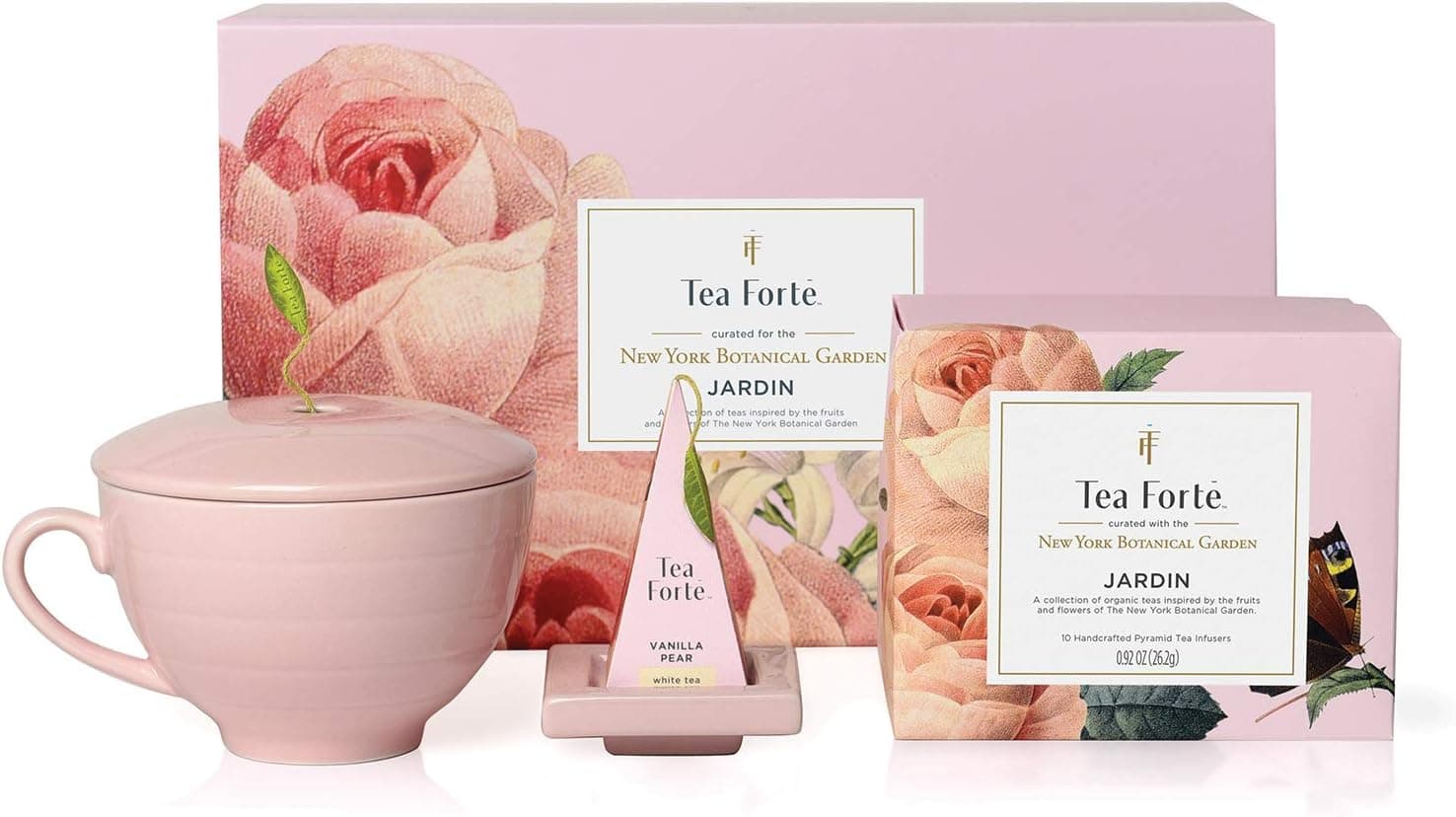 Tea Forte Jardin 3-Piece Tea Gift Set — Rose Pink Cafe Cup, Tea Tray & 10 Pyramid Infusers by tea forte