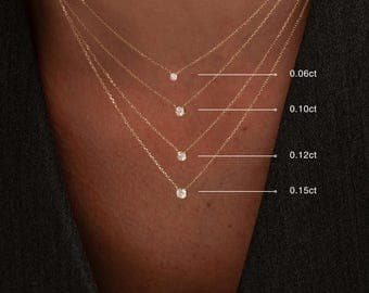 14K Gold Solitaire Diamond Necklace: Delicate Gold Chain by etsy