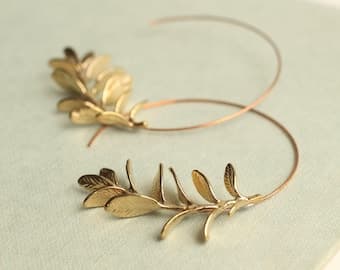 Rosemary Leaf Hoop Earrings: Gold or Silver Plated Botanical Branch Jewelry by etsy