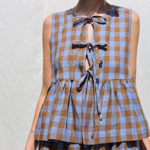 Linen Sleeveless Linen Blouse – Bluebonnet Checked Top with Ties - Handmade by OFFON Clothing by etsy